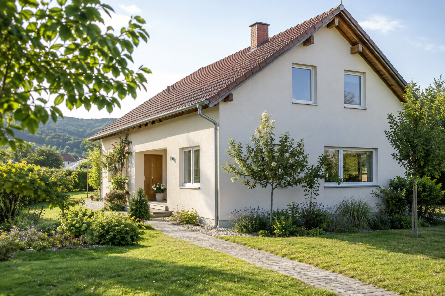 Einfamilienhaus mit hellem Verputz und Garten