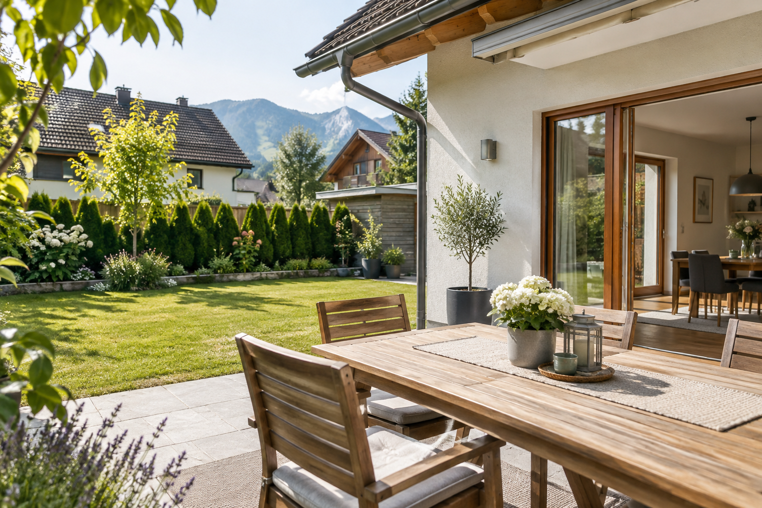Terrasse eines Wohnhauses mit Tisch und Blick in den Garten