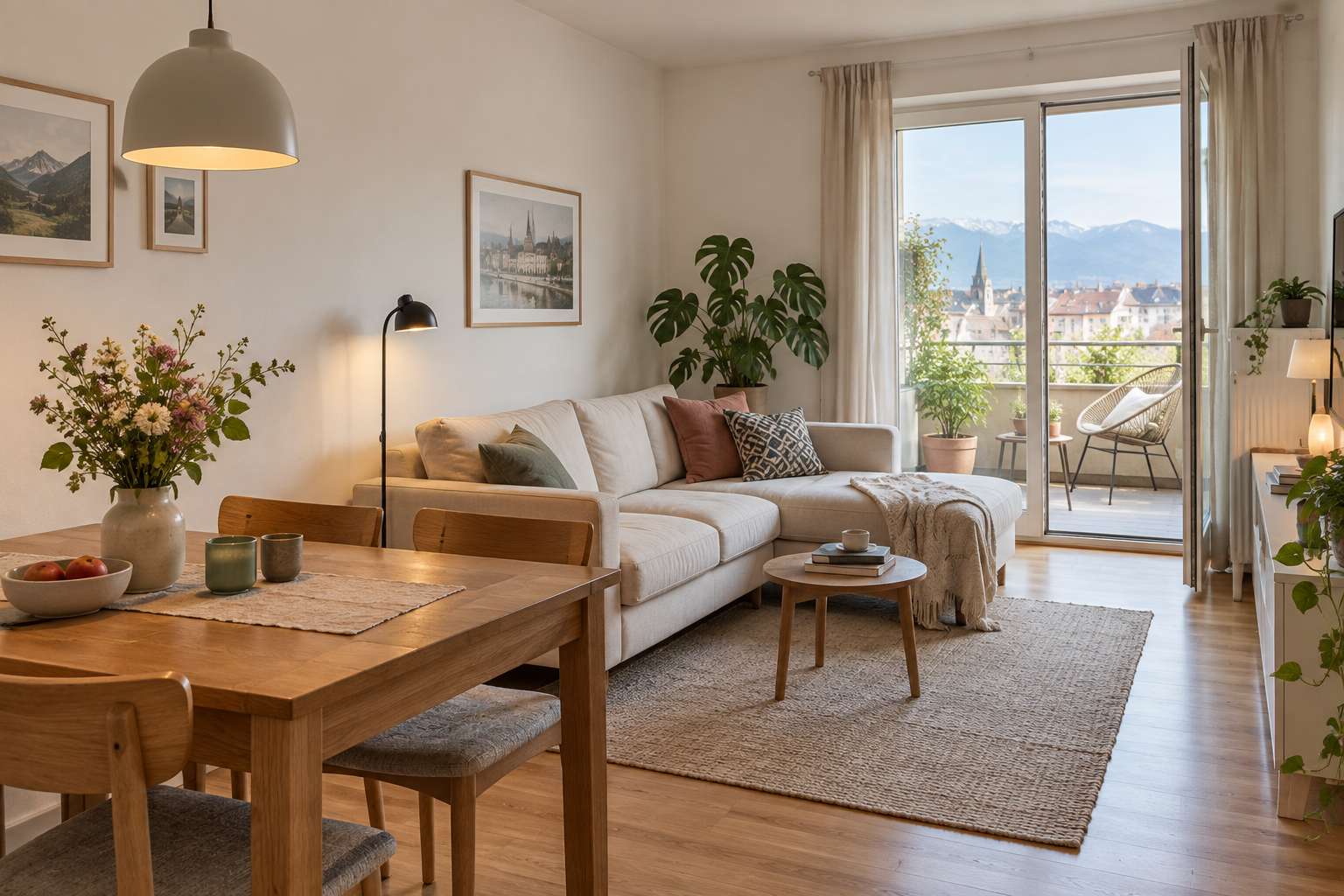 Helles Wohnzimmer mit kleiner Essecke und Balkonzugang